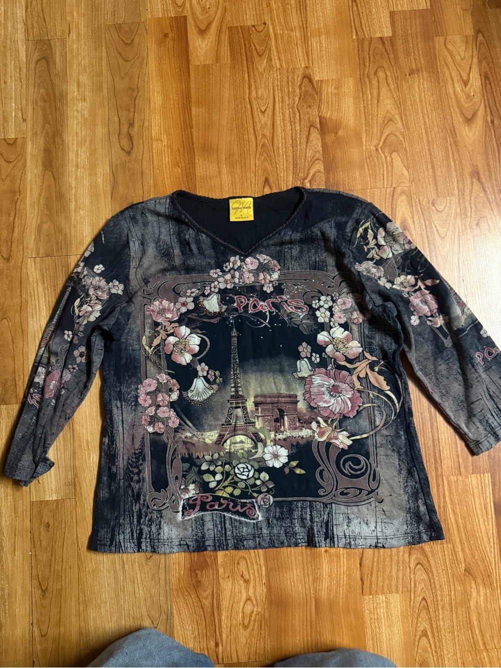 Women's Black Paris Floral Long-Sleeve Graphic Tee